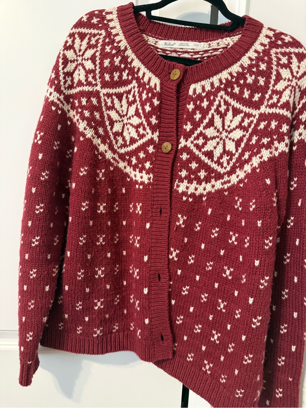 Woolrich Red and Cream Fair Isle Button-Front Cardigan